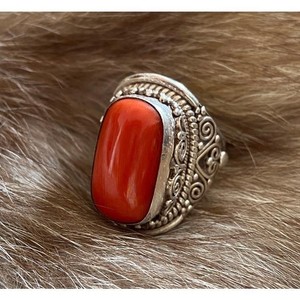 珊瑚戒指西藏蒙古民族元素女纯银戒指开口食指戒子男复古宝石