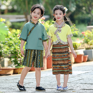 云南西双版纳旅游度假衣服女童男童傣族套装儿童民族风服装短袖裙