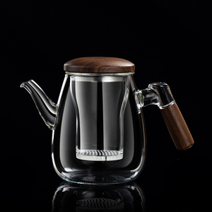 加厚泡茶杯玻璃茶水分离杯过滤耐高温侧把家用冲花茶杯胡桃木茶具
