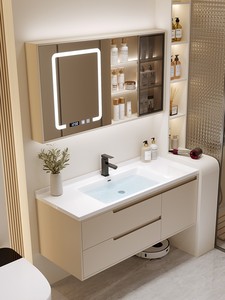 惠达轻奢卫生间奶油浴室柜组合现代简约洗手洗脸盆洗漱台一体镜柜