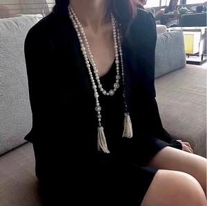 中古系列钟楚曦同款复古珍珠流苏长链双层项链小众设计珍珠毛衣链