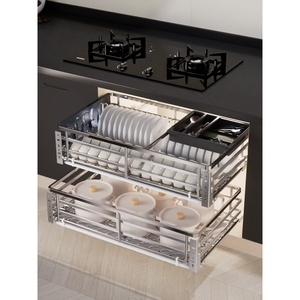 NUOMI/诺米拉篮厨房橱柜调味料304不锈钢碗碟架双层抽屉式滑轨收