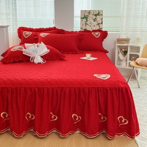 夹棉床裙大红色单件全棉加厚床裙罩花边床罩款三四件套结婚庆床套