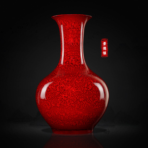 好雅美景德镇陶瓷中国红釉陶客厅玄关办公室花瓶家具装饰品摆件