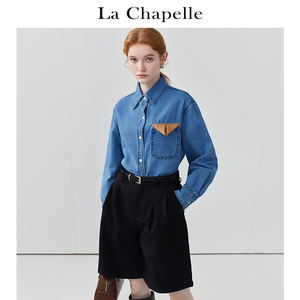 拉夏贝尔/La Chapelle春新款复古翻领拼皮牛仔衬衫女韩版宽松外套