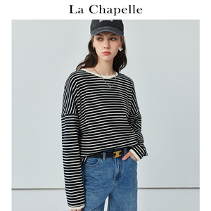 拉夏贝尔/La Chapelle黑白条纹圆领卫衣女慵懒时髦宽松T恤春新款