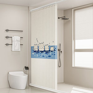 浴室折叠印花加厚保暖浴帘套装免打孔卫生间防水防霉隔断门窗柜帘