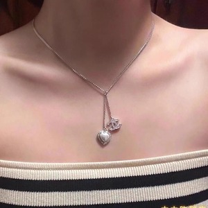 Chanel/香奈儿 24新款银色珍珠爱心水钻双C吊坠项链女情人节礼物