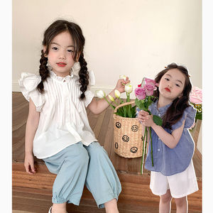 女童韩版法式荷叶花边小飞袖衬衫2024儿童气质小立领短袖格子时尚