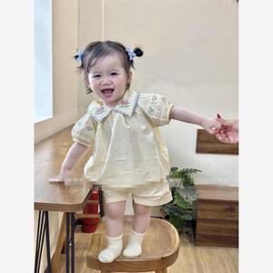 韩系2024夏款0-3岁婴幼儿女花朵绣花薄款翻领短袖上衣+短裤2件套