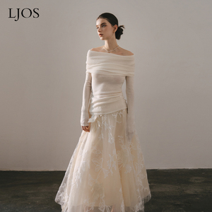 【LJOS】一字肩精纺羊毛零压感针织上衣女新款修身显瘦古典纱裙