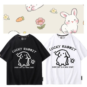 线条兔子短袖女T恤夏季潮牌LUCKY RABBIT宽松衣服2024新款体恤