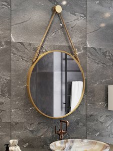 宜家浴室镜圆镜创意挂镜圆形艺术梳妆镜壁挂麻绳装饰镜发光卫生间