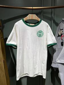 Gucci古驰新款欧洲代购男士米白色圆领绿色logo刺绣针织棉短袖T恤