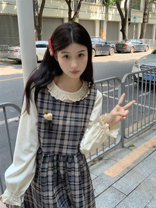 IEF/爱依服2023年秋季新款娃娃领花边长袖衬衫套装格子背带连衣裙