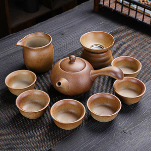 柴烧粗陶功夫茶具套装仿古茶具汉陶土手工浮雕茶杯茶壶盖碗茶海