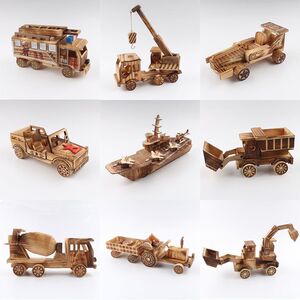 木头拼装模型木制玩具车模型  消防车工程车挖土机模型木车儿童玩