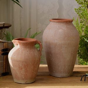 复古陶罐粗陶大口径植物陶瓷透气花瓶花盆老桩简约红泥插花干花器