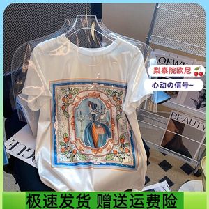 奥特莱斯清仓哥弟品牌剪标尾货女装缎面桑蚕丝短袖真丝印花t恤女