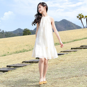韩系白色吊带沙滩公主裙2024新款中大儿童长裙装蕾丝绑带蝴蝶结裙