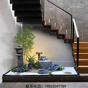 室内仿真植物造景装饰流水景观循环水客厅楼梯绿植软装迎客松竹子