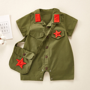 婴儿衣服夏季军装1-9个月3男女宝宝小红军连体衣短袖爬服周岁礼服