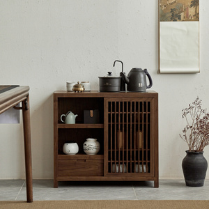 叙木新中式茶水柜黑胡桃实木收纳柜现代茶水台茶边柜储物柜家具|