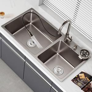 恒洁卫浴枪灰304不锈钢双槽水槽厨房加厚台下盆洗菜洗碗池洗手池
