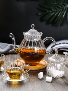 英伦风条纹茶壶套装加热凉水壶杯碟英式下午茶壶玻璃壶手工花茶壶