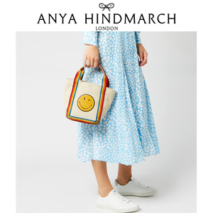 官方正品Anya Hindmarch包黄色笑脸帆布牛皮彩虹拼色托特包手提包