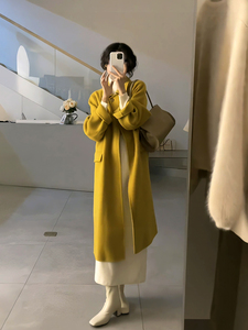 韩系温柔高级感呢子外套女秋冬季新款中长款设计姜黄色毛呢大衣潮
