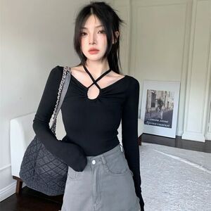 Autumn Korean Fashion Y2K T-shirt Woman Japanese?halter Band