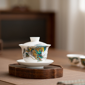 德化白瓷茶具羊脂玉三才盖碗陶瓷大号茶碗家用泡红茶绿茶青龙盖碗