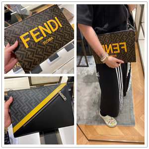 法国正品Fendi/芬迪男包棕色FF图案和黄色ROMA印花纹理布料手拿包