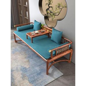 新中式实木两用罗汉床乌金木沙发床榻茶桌椅组合老榆木推拉床家具