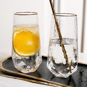 家用简约客厅喝水杯金边透明钻型水杯水波钻高口杯啤酒果汁玻璃杯