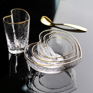 心形沙拉碗方形创意家用水果盘甜品碗透明盘子日式金边锤纹玻璃碗