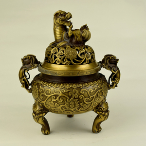 纯铜熏香炉大明宣德狮子炉黄铜铸造仿古做旧盘香家居饰品熏香用具