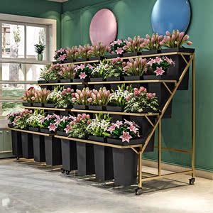 花店花架子组合阶梯式可移动鲜花塑料花桶架轻奢铁艺万向轮展示架