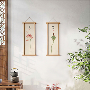 新中式客厅背景墙实木框墙面装饰禅意荷花墙壁挂饰茶室玄关小挂件