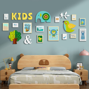 幼儿园儿童房装饰实木相框组合钟表相片墙动漫卡通照片墙宝宝创意