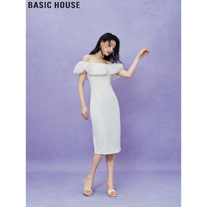 Basic House/百家好烂漫出逃名媛一字领抹胸中长款礼服连衣裙女夏