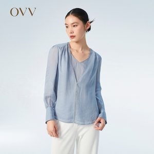 OVV Outlet 春夏新款女苎麻天丝轻盈V领假两件珠链装饰长袖上衣