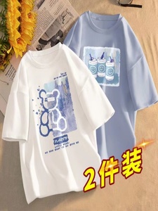 阿迪达斯2件装t恤女2024新款印花短袖夏季韩版上衣ins宽松体恤衫