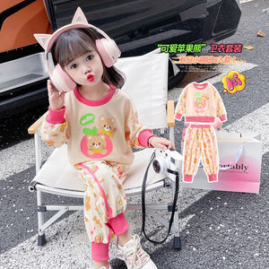 韩系女童粉红色印花卡通套装冬季新款中小童女宝圆领休闲运动两件
