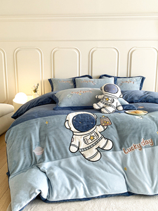 多喜爱冬季男孩宇航员牛奶绒四件套加厚双面珊瑚绒儿童卡通被套床