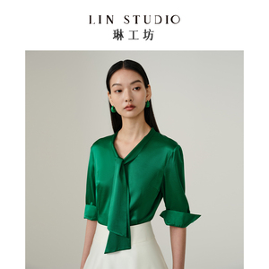 [唐琳设计师]琳工坊倚翠桑蚕丝衬衫女夏新款高贵气质绿色七分袖