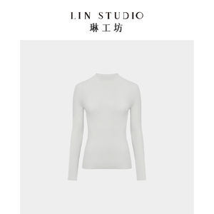 [唐琳设计师]琳工坊玉光白色针织衫女新款半高领杨子纱热力感打底