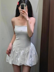 ZARA 夏新品芭蕾风拼接下摆花苞式蓬蓬裙白色吊带连衣裙女4174347