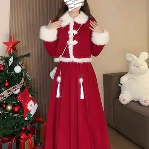 新中式国风红色套装裙女春秋冬季新年战袍毛毛短外套+半身长裙子